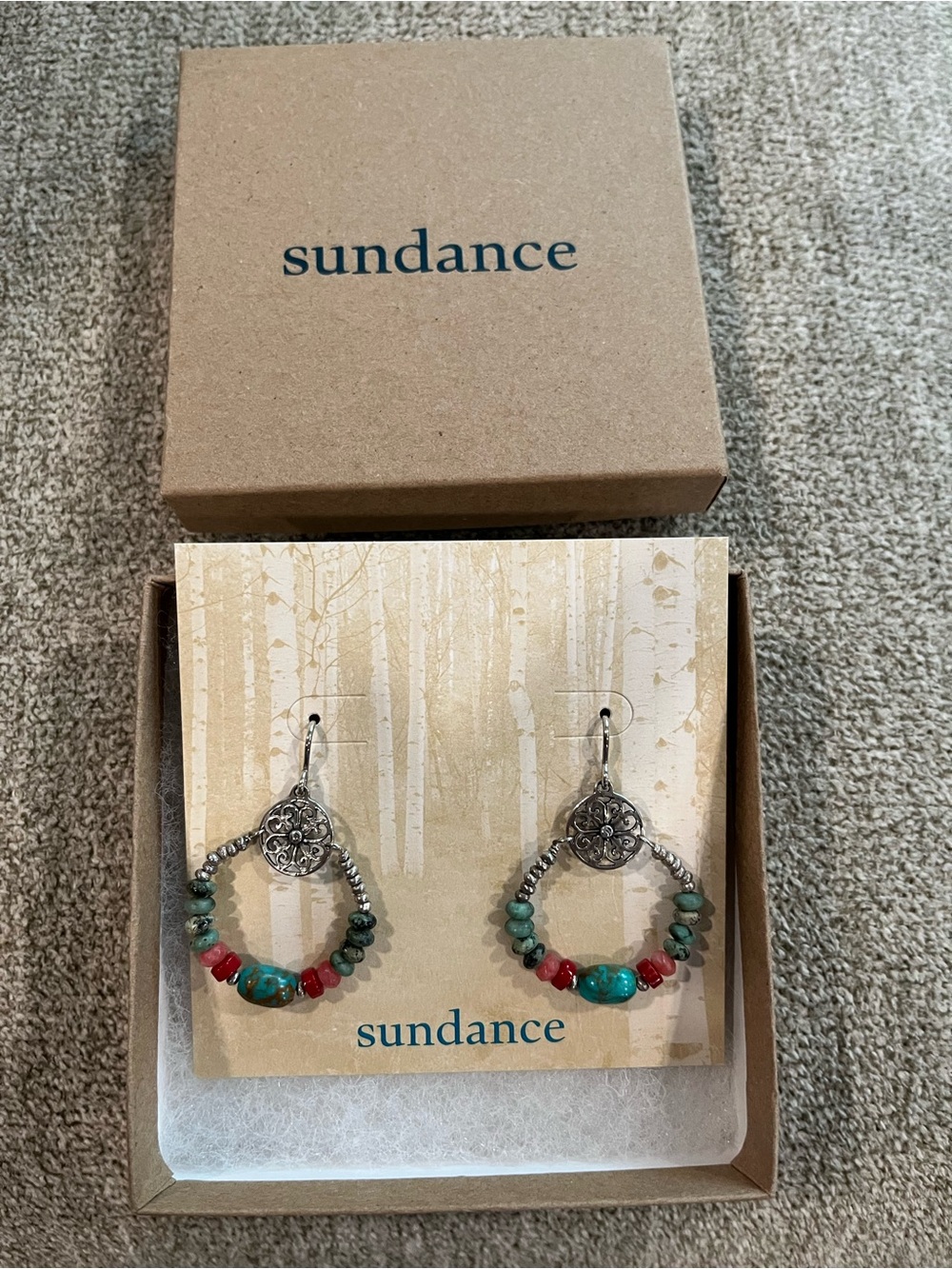 Sundance Sterling, Turquoise, and Red Coral Dangle Earrings.